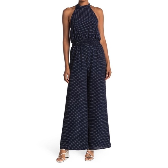 SUPERFOXX Halter Jumpsuit Navy White Polka Dot - Picture 1 of 12